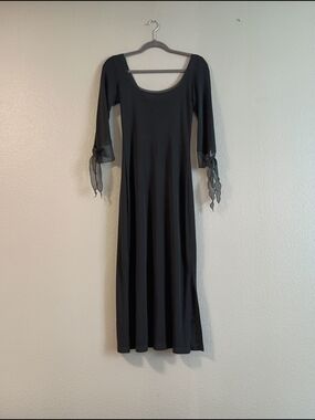 Black 3/4 Sleeve Scoop Neck Dress w/ Tie Cuffs; Softgoth, Whimsigoth, Y2K